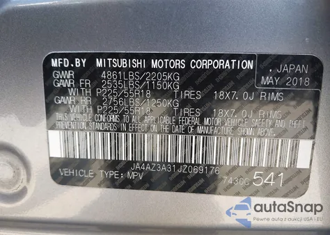 2018 Mitsubishi Outlander Es/Le/Se/Sel z USA, uszkodzony, nr VIN JA4AZ3A31JZ069176